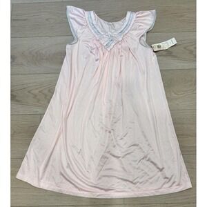 VTG Pink Nightgown Nightie Sz M USA Shadowline Nylon Cap Sleeve Embroidered